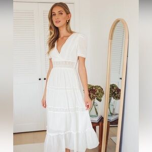 Lulu’s Folklore White Swiss Dot Lace Tiered Midi Dress Size M
